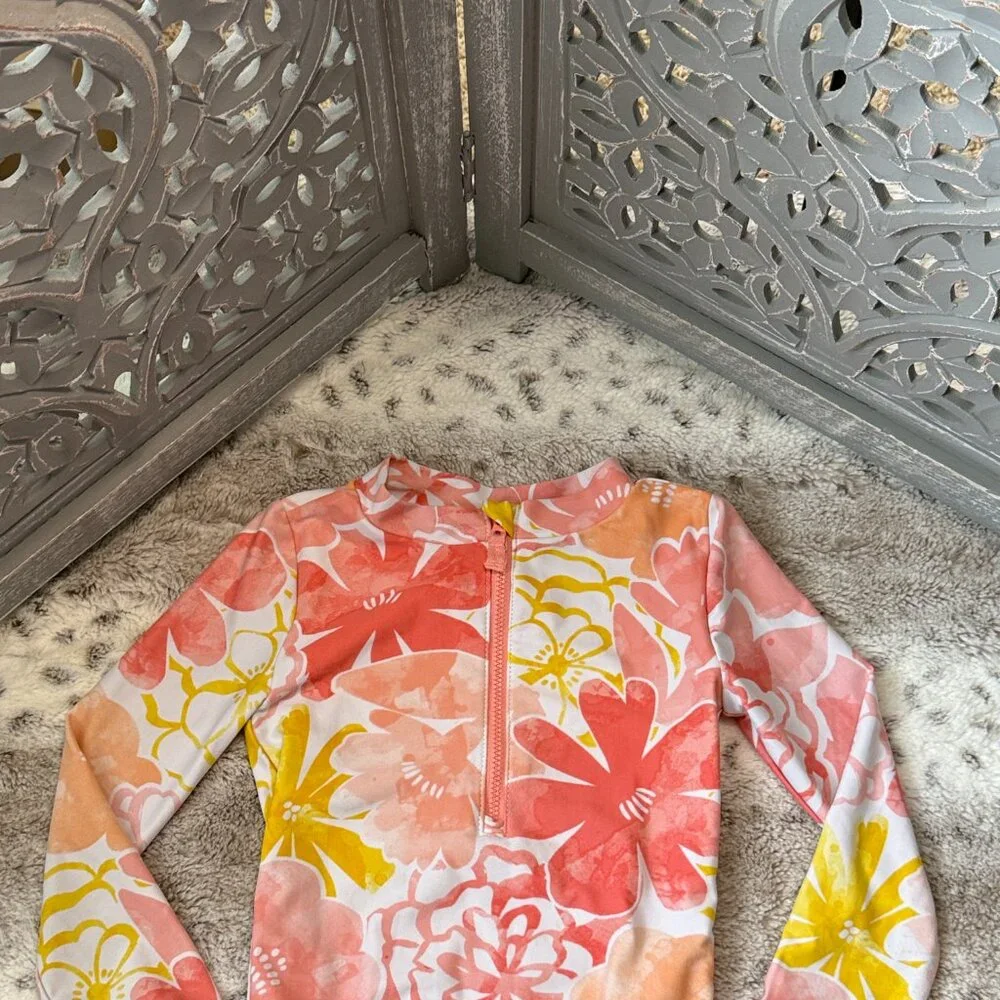 Carter's long sleeve rashguard swimsuit girls 4T Hawaiian floral tropical beach